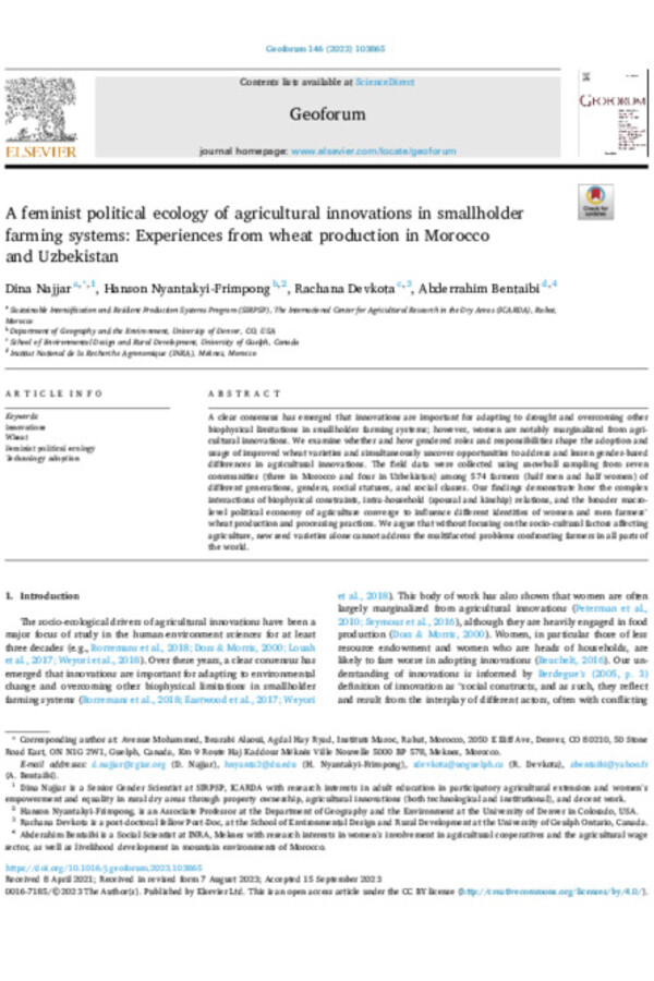 A feminist political ecology of agricultural innovations in smallholder farming systems: Experiences from wheat production in Morocco and Uzbekistan