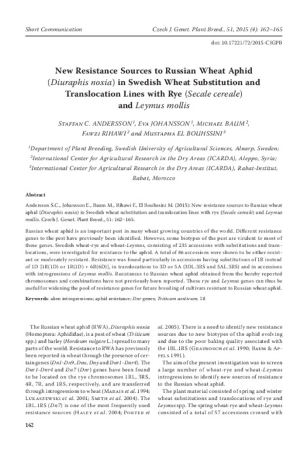 New resistance sources to Russian wheat aphid (Diuraphis noxia) in Swedish wheat substitution and translocation lines with rye (Secale cereale) and Leymus mollis