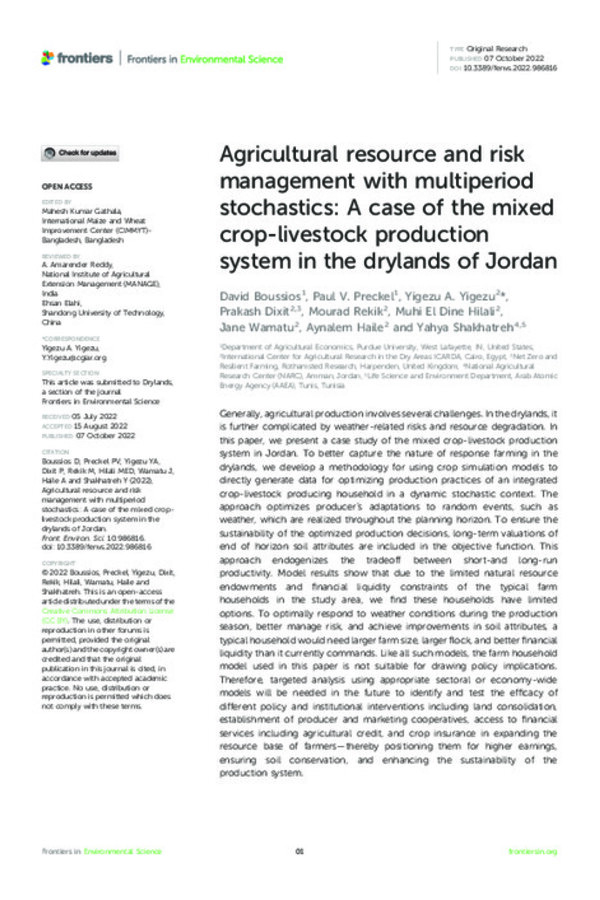Agricultural resource and risk management with multiperiod stochastics: A case of the mixed crop-livestock production system in the drylands of Jordan