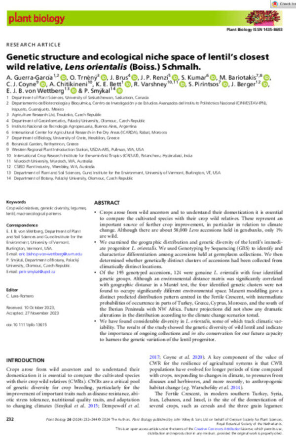 Genetic structure and ecological niche space of lentil's closest wild relative, Lens orientalis (Boiss.) Schmalh. Genetic structure and ecological niche space of lentil's closest wild relative, Lens orientalis (Boiss.) Schmalh.