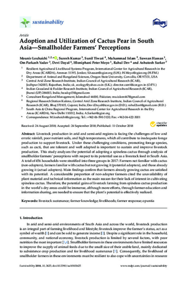 Adoption and Utilization of Cactus Pear in South Asia—Smallholder Farmers’ Perceptions Adoption and Utilization of Cactus Pear in South Asia—Smallholder Farmers’ Perceptions
