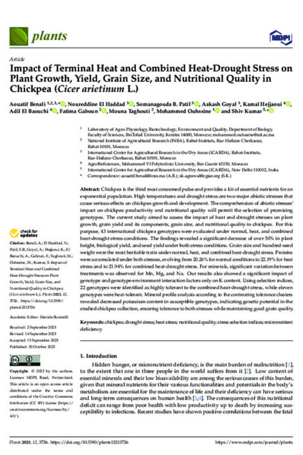 Impact of Terminal Heat and Combined Heat-Drought Stress on Plant Growth, Yield, Grain Size, and Nutritional Quality in Chickpea (Cicer arietinum L.)