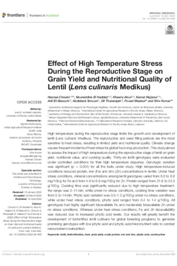 Effect of High Temperature Stress During the Reproductive Stage on Grain Yield and Nutritional Quality of Lentil (Lens culinaris Medikus)