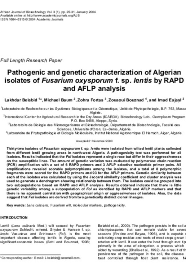 Pathogenic and genetic characterization of Algerian isolates of Fusarium oxysporum f. sp. lentis by RAPD and AFLP analysis Pathogenic and genetic characterization of Algerian isolates of Fusarium oxysporum f. sp. lentis by RAPD and AFLP analysis