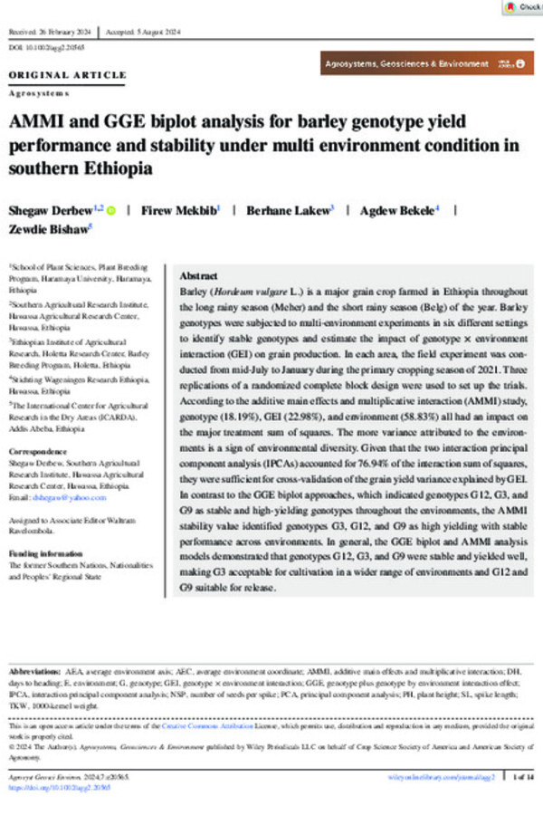 AMMI and GGE biplot analysis for barley genotype yield performance and stability under multi environment condition in southern Ethiopia AMMI and GGE biplot analysis for barley genotype yield performance and stability under multi environment condition in southern Ethiopia