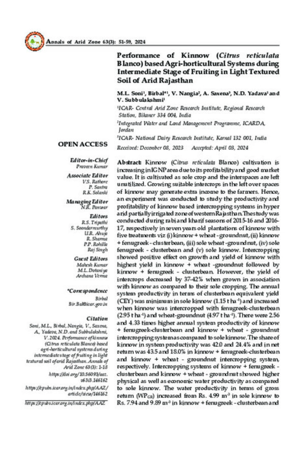 Performance of Kinnow (Citrus reticulata Blanco) based Agri-horticultural Systems during Intermediate Stage of Fruiting in Light Textured Soil of Arid Rajasthan