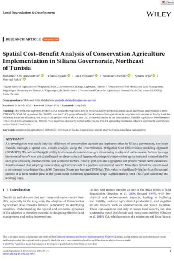 Spatial Cost–Benefit Analysis of Conservation Agriculture Implementation in Siliana Governorate, Northeast of Tunisia Spatial Cost–Benefit Analysis of Conservation Agriculture Implementation in Siliana Governorate, Northeast of Tunisia