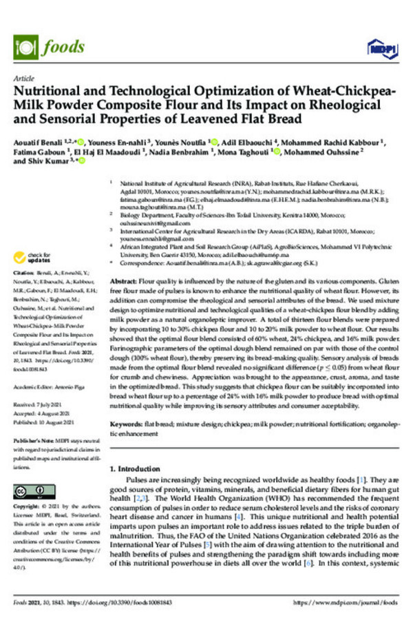 Nutritional and Technological Optimization of Wheat-Chickpea- Milk Powder Composite Flour and Its Impact on Rheological and Sensorial Properties of Leavened Flat Bread