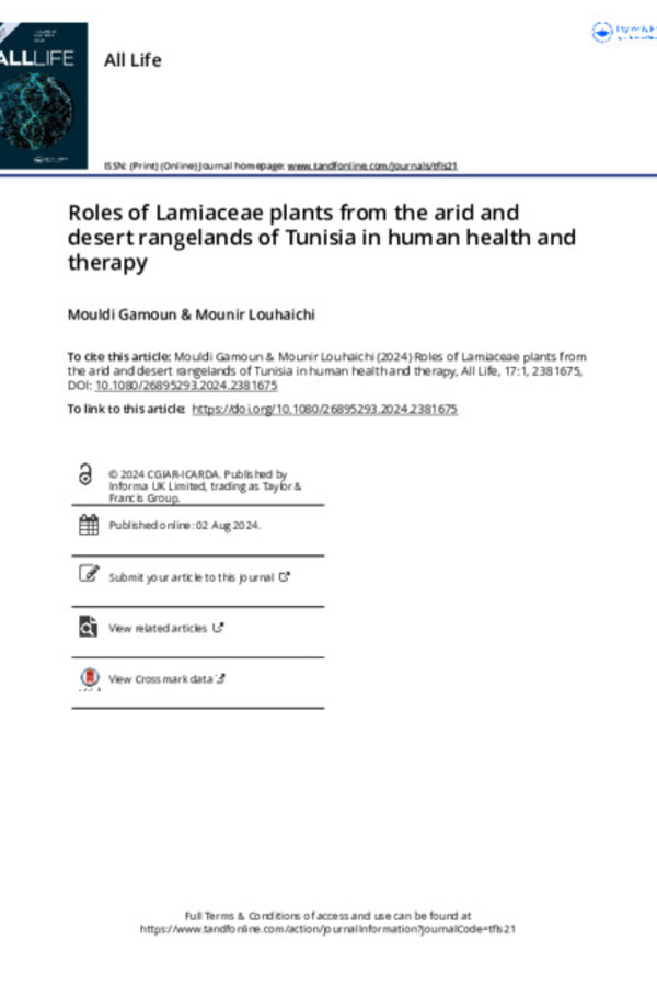 Roles of Lamiaceae plants from the arid and desert rangelands of Tunisia inhuman health and therapy Roles of Lamiaceae plants from the arid and desert rangelands of Tunisia inhuman health and therapy