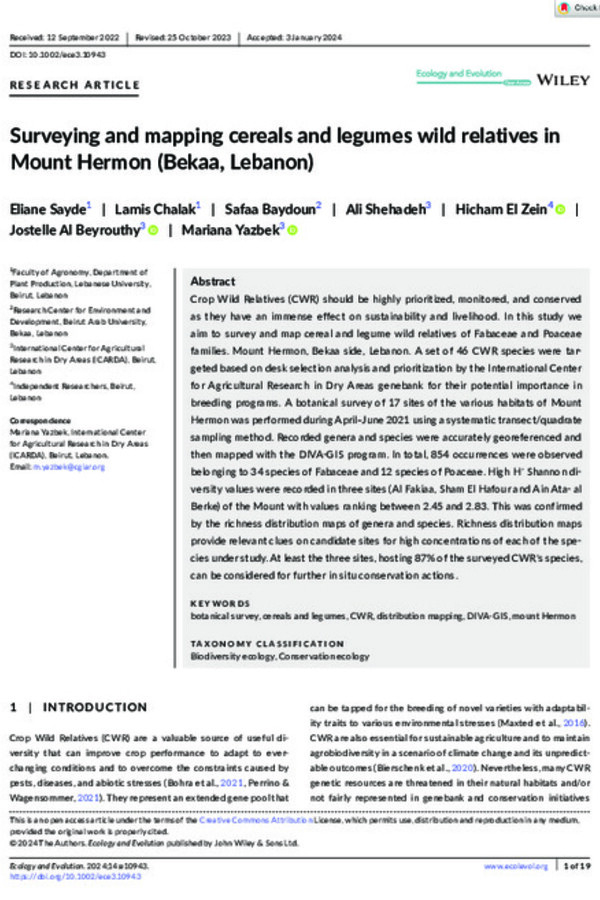 Surveying and mapping cereals and legumes wild relatives in Mount Hermon (Bekaa, Lebanon)