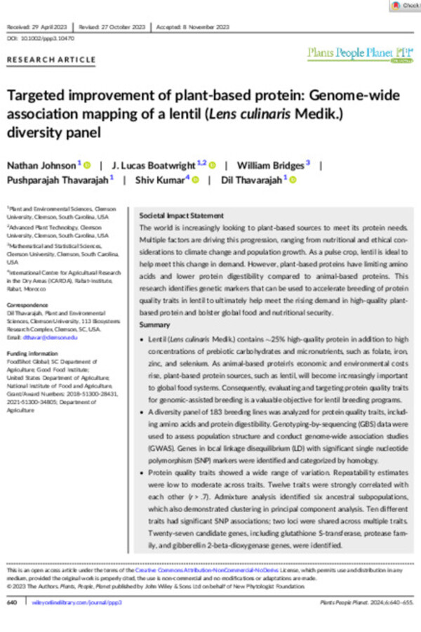 Targeted improvement of plant-based protein: Genome-wide association mapping of a lentil (Lens culinaris Medik.) diversity panel