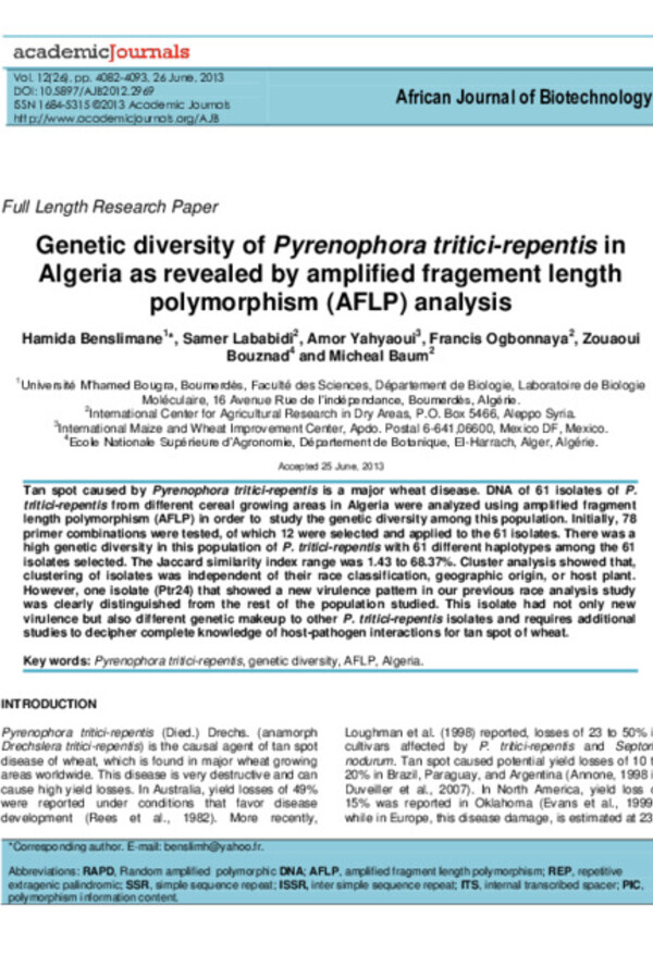 Genetic diversity of Pyrenophora tritici-repentis in Algeria as revealed by amplified fragement length polymorphism (AFLP) analysis