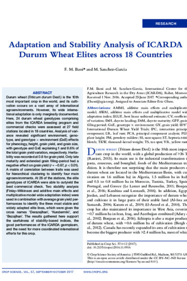 Adaptation and Stability Analysis of ICARDA Durum Wheat Elites across 18 Countries