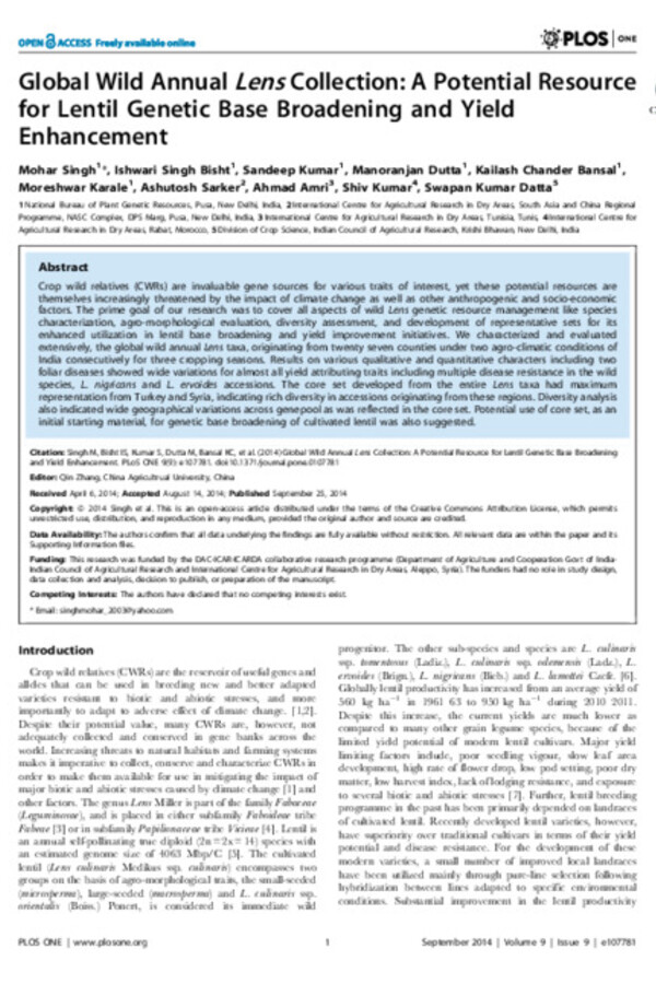 Global Wild Annual Lens Collection: A Potential Resource for Lentil Genetic Base Broadening and Yield Enhancement Global Wild Annual Lens Collection: A Potential Resource for Lentil Genetic Base Broadening and Yield Enhancement