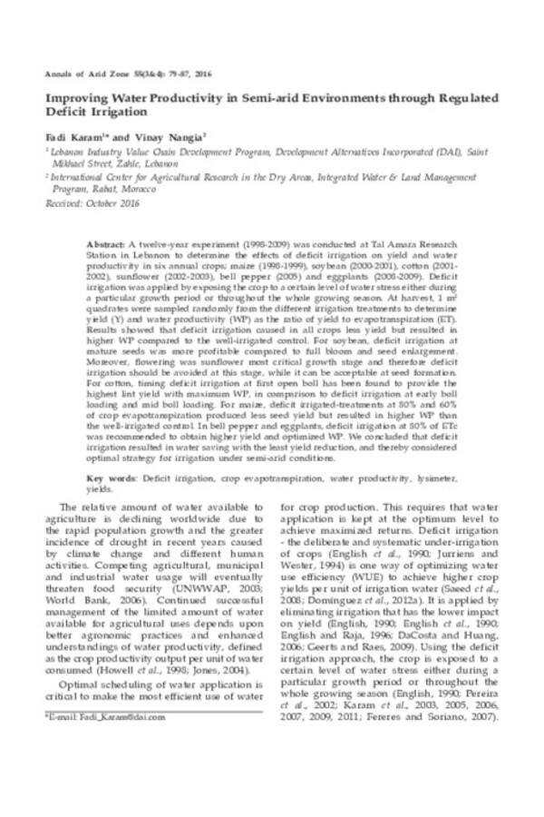 Improving Water Productivity in Semi-arid Environments through Regulated Deficit Irrigation Improving Water Productivity in Semi-arid Environments through Regulated Deficit Irrigation