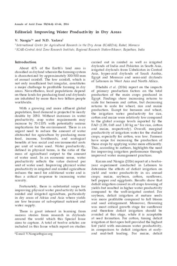 Editorial: Improving Water Productivity in Dry Areas
