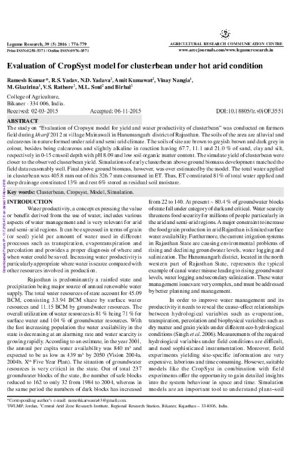 Evaluation of CropSyst model for clusterbean under hot arid condition Evaluation of CropSyst model for clusterbean under hot arid condition