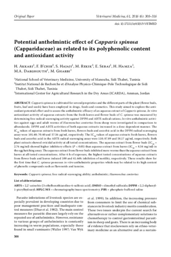 Potential anthelmintic effect of Capparis spinosa (Capparidaceae) as related to its polyphenolic content and antioxidant activity Potential anthelmintic effect of Capparis spinosa (Capparidaceae) as related to its polyphenolic content and antioxidant activity