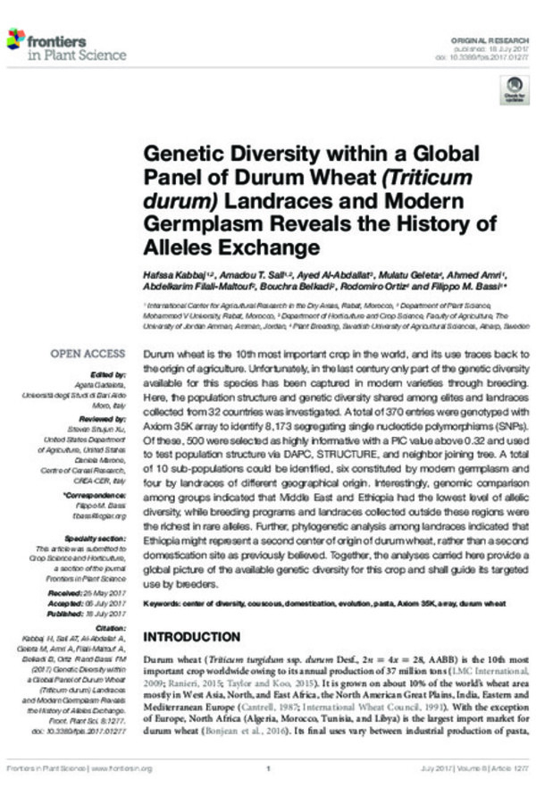 Genetic Diversity within a Global Panel of Durum Wheat (Triticum durum) landraces and Modern Germplasm reveals the History of Alleles Exchange