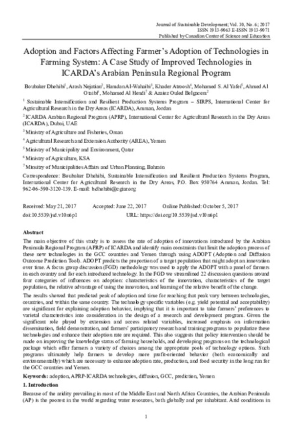Adoption and Factors Affecting Farmer’s Adoption of Technologies in Farming System: A Case Study of Improved Technologies in ICARDA’s Arabian Peninsula Regional Program 