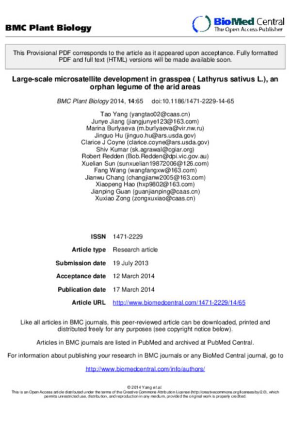 Large-scale microsatellite development in grasspea ( Lathyrus sativus L.), an orphan legume of the arid areas Large-scale microsatellite development in grasspea ( Lathyrus sativus L.), an orphan legume of the arid areas