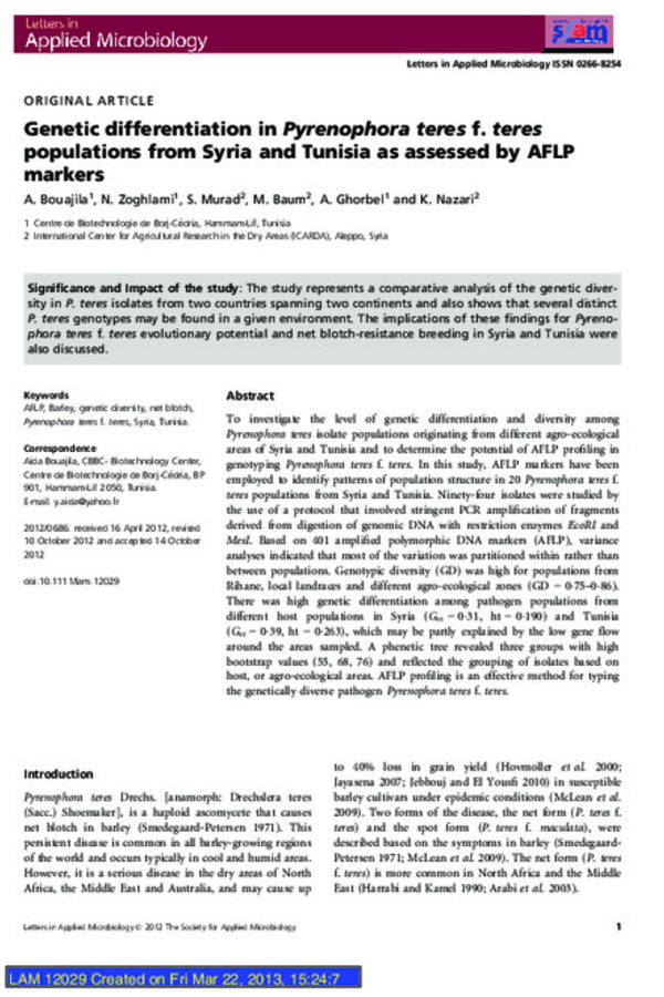 Genetic differentiation in Pyrenophora teres f. teres populations from Syria and Tunisia as assessed by AFLP markers Genetic differentiation in Pyrenophora teres f. teres populations from Syria and Tunisia as assessed by AFLP markers