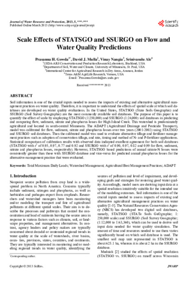 Scale Effects of STATSGO and SSURGO on Flow and Water Quality Predictions Scale Effects of STATSGO and SSURGO on Flow and Water Quality Predictions
