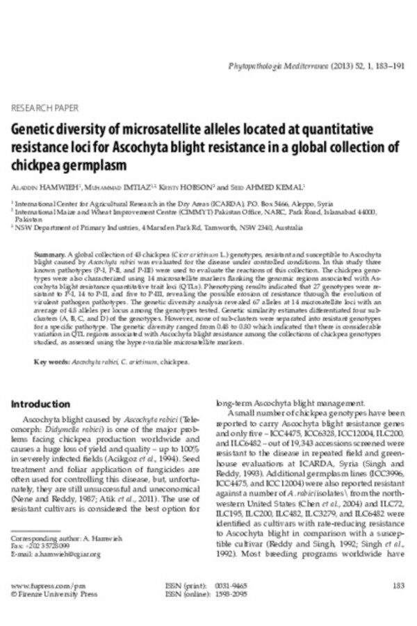 Genetic diversity of microsatellite alleles located at quantitative resistance loci for Ascochyta blight resistance in a global collection of chickpea germplasm