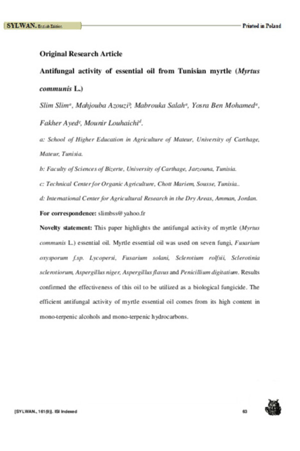 Antifungal activity of essential oil from Tunisian myrtle (Myrtus communis L.) Antifungal activity of essential oil from Tunisian myrtle (Myrtus communis L.)