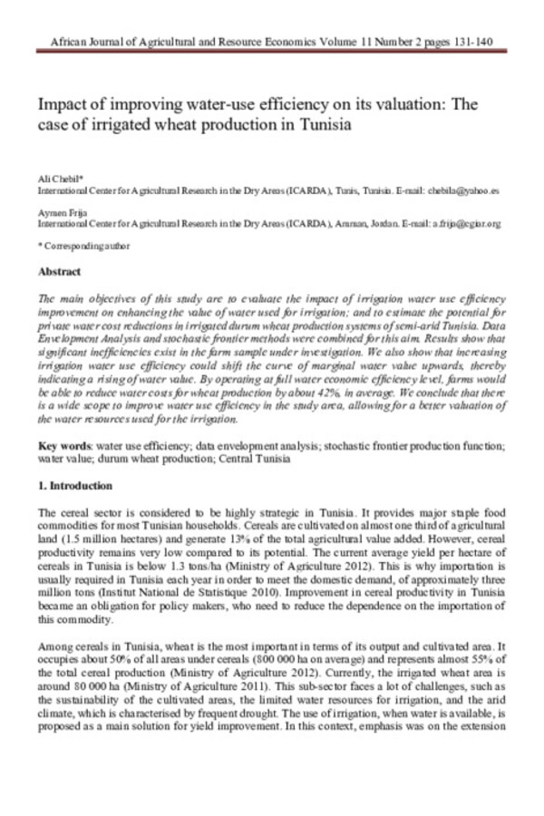 Impact of improving water-use efficiency on its valuation: The case of irrigated wheat production in Tunisia Impact of improving water-use efficiency on its valuation: The case of irrigated wheat production in Tunisia