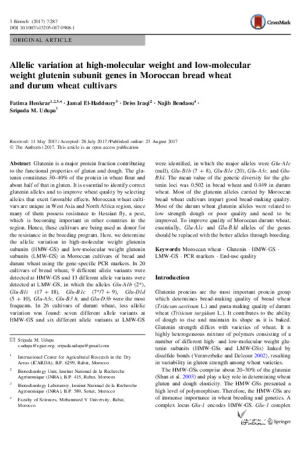 Allelic variation at high-molecular weight and low-molecular weight glutenin subunit genes in Moroccan bread wheat and durum wheat cultivars
