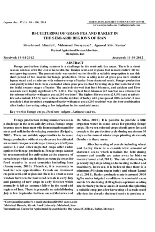 BI-CULTURING OF GRASS PEA AND BARLEY IN THE SEMI-ARID REGIONS OF IRAN BI-CULTURING OF GRASS PEA AND BARLEY IN THE SEMI-ARID REGIONS OF IRAN