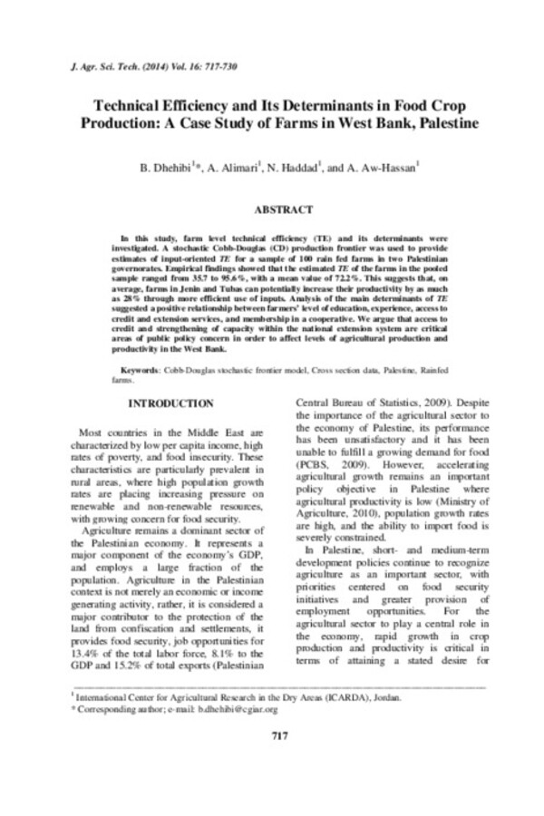 Technical Efficiency and Its Determinants in Food Crop Production: A Case Study of Farms in West Bank, Palestine Technical Efficiency and Its Determinants in Food Crop Production: A Case Study of Farms in West Bank, Palestine