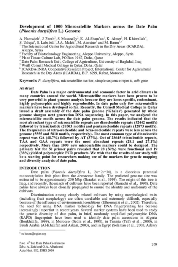 Development of 1000 Microsatellite Markers across the Date Palm (Phoenix dactylifera L.) Genome Development of 1000 Microsatellite Markers across the Date Palm (Phoenix dactylifera L.) Genome
