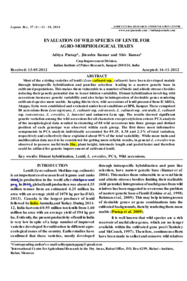 Evaluation of wild species of lentil for agro-morphological traits Evaluation of wild species of lentil for agro-morphological traits