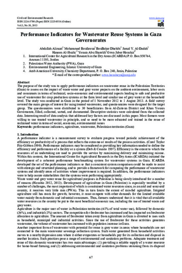 Performance Indicators for Wastewater Reuse Systems in Gaza Governorates Performance Indicators for Wastewater Reuse Systems in Gaza Governorates