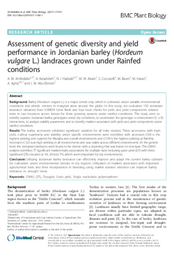 Assessment of genetic diversity and yield performance in Jordanian barley (Hordeum vulgare L.) landraces grown under Rainfed conditions Assessment of genetic diversity and yield performance in Jordanian barley (Hordeum vulgare L.) landraces grown under Rainfed conditions