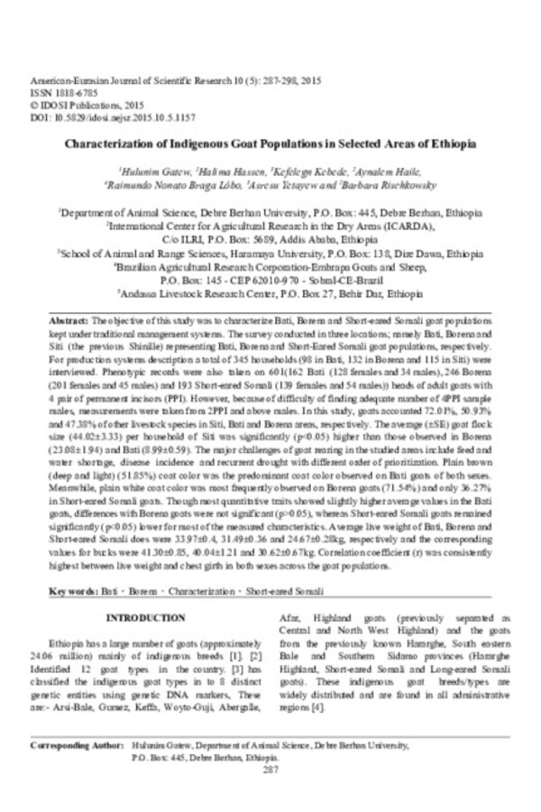 Characterization of Indigenous Goat Populations in Selected Areas of Ethiopia