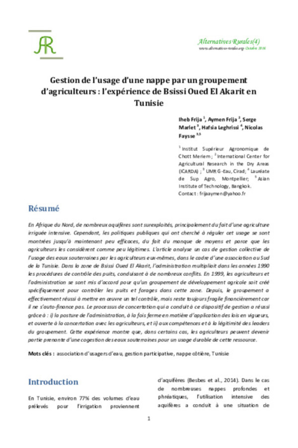 Gestion de l’usage d’une nappe par un groupement d’agriculteurs: l’expérience de Bsissi Oued El Akarit en Tunisie Gestion de l’usage d’une nappe par un groupement d’agriculteurs: l’expérience de Bsissi Oued El Akarit en Tunisie