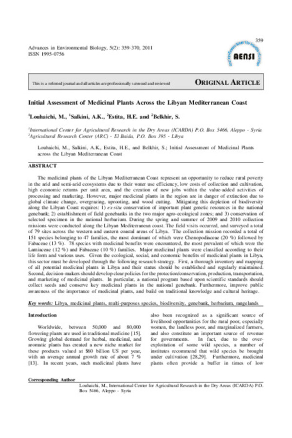 Initial Assessment of Medicinal Plants Across the Libyan Mediterranean Coast Initial Assessment of Medicinal Plants Across the Libyan Mediterranean Coast