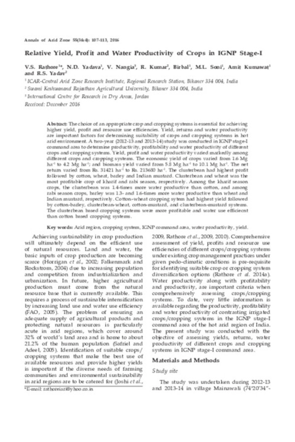 Relative Yield, Profit and Water Productivity of Crops in IGNP Stage-I Relative Yield, Profit and Water Productivity of Crops in IGNP Stage-I
