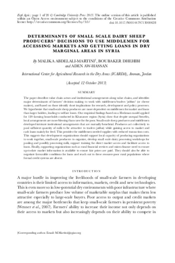 DETERMINANTS OF SMALL SCALE DAIRY SHEEP PRODUCERS’ DECISIONS TO USE MIDDLEMEN FOR ACCESSING MARKETS AND GETTING LOANS IN DRY MARGINAL AREAS IN SYRIA