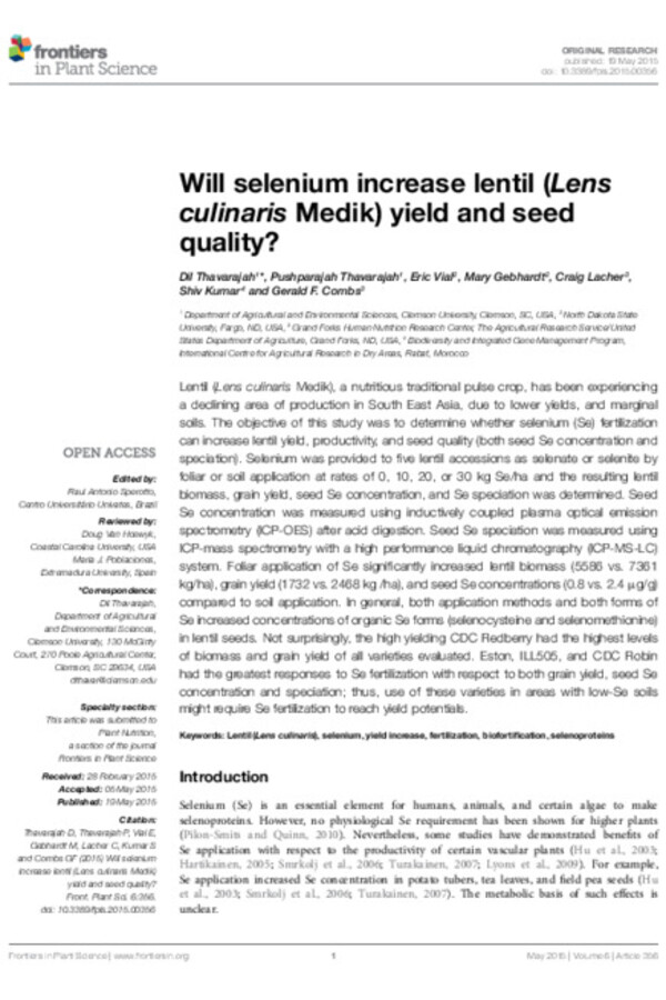 Will selenium increase lentil (Lens culinaris Medik) yield and seed quality? Will selenium increase lentil (Lens culinaris Medik) yield and seed quality?