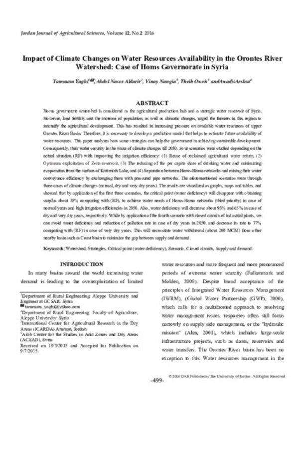 Impact of Climate Changes on Water Resources Availability in the Orontes River Watershed: Case of Homs Governorate in Syria Impact of Climate Changes on Water Resources Availability in the Orontes River Watershed: Case of Homs Governorate in Syria
